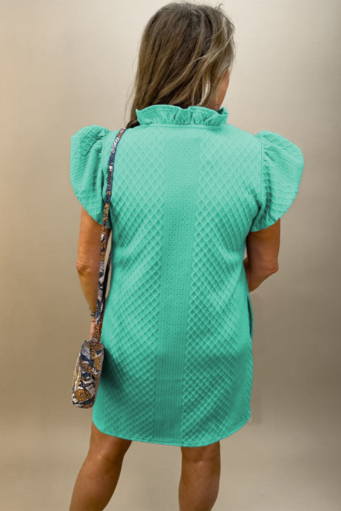 Textured Puff Sleeve Ruffled V Neck Shift Mini Dress